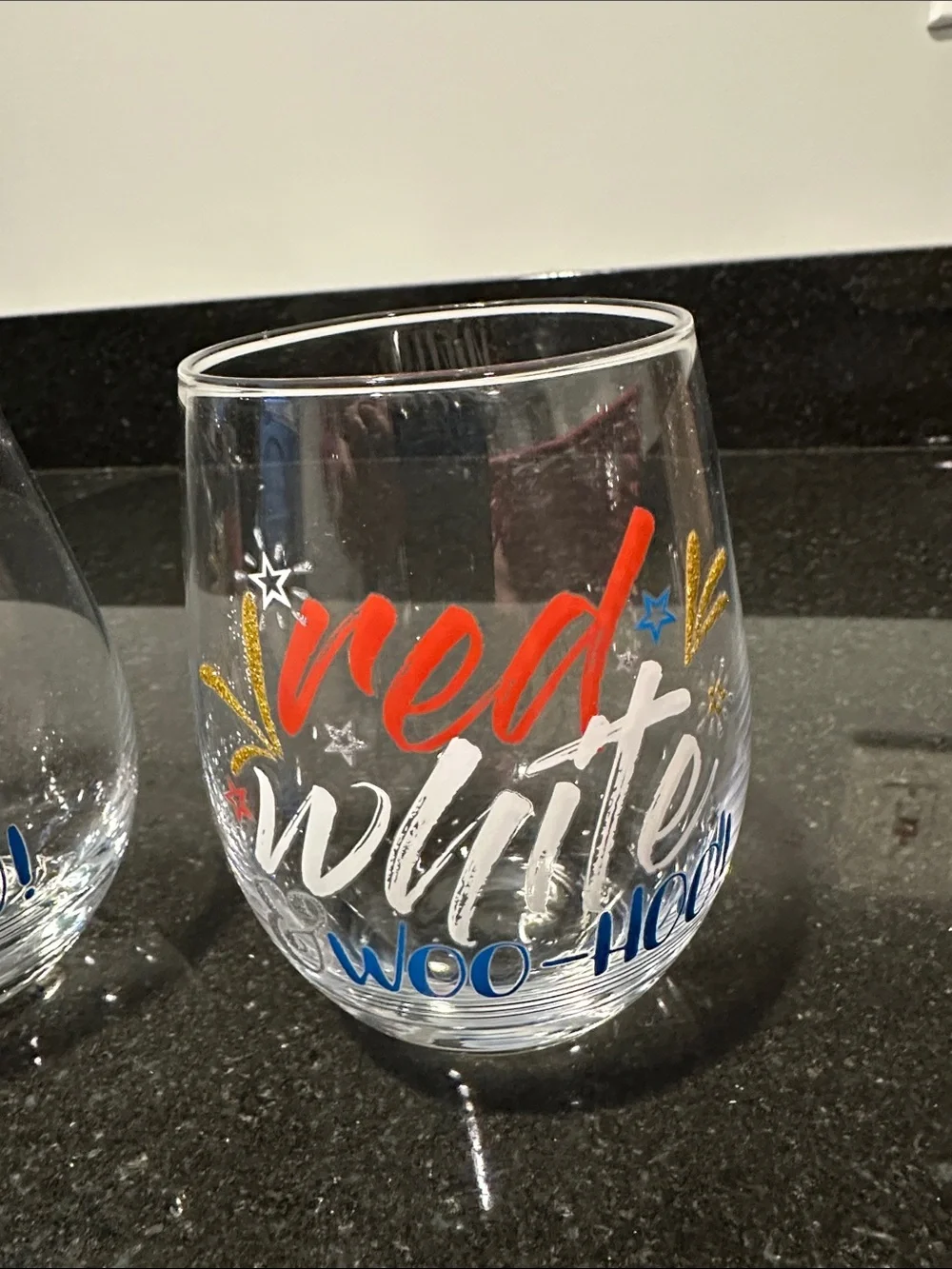Pier 1 Red, White & Blue Woven Fruit Basket and   Stemless Wine Glasses.